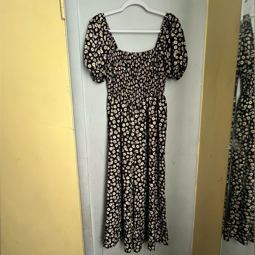 Black Floral Smocked Maxi jumpsuit with Puff Sleeves